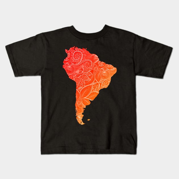 Colorful mandala art map of South America with text in blue and violet Colorful mandala art map of South America with text in red and orange Kids T-Shirt by Happy Citizen